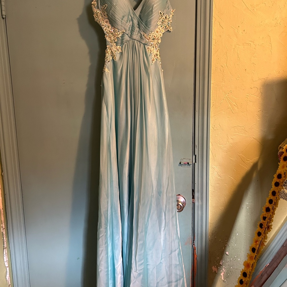Elegant Light Blue Gown with Floral Accents